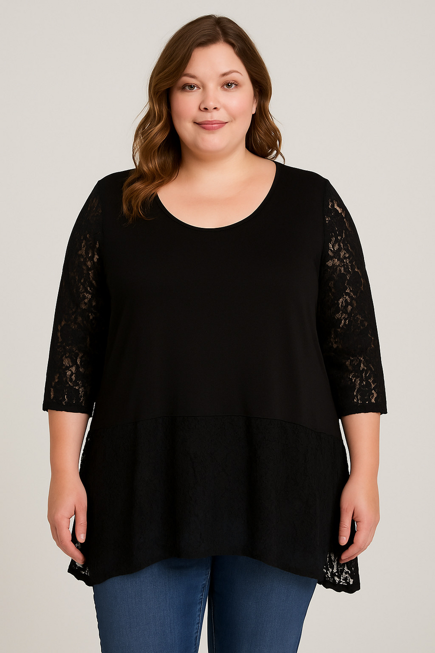 Paradisio Plus 3/4 Lace Sleeve Crew Neck Top 100% Viscose Black Size 1X
